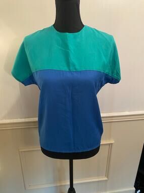 Vintage 80s 90s Notorious Colorblock Blouse Top Blue Teal Green Keyhole Back